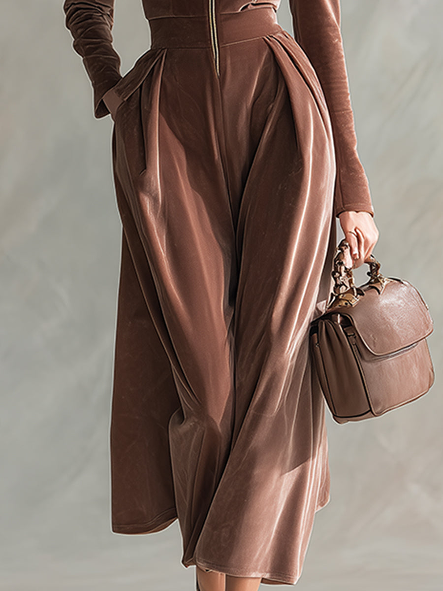 Exquisite And Elegant Stand-up Collar Front Zipper Light Brown Velvet Long-sleeved Maxi Dress