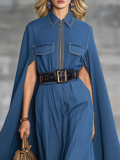 Fashion Retro Blue Denim Lace-Up Cape Zipper Midi Dress