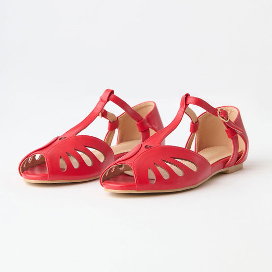 Faux Leather Peep Toe Buckle Hollow-Out Red Flat Sandals for Women