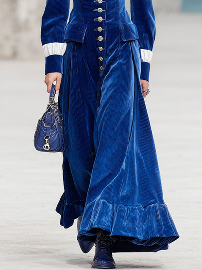 Fashion Retro Royal Blue Corduroy Ruffle Long Sleeve Maxi Dress