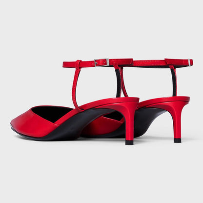 Elegant Pointed Toe Kitten Heel Ankle Strap Pumps Shoes in Red