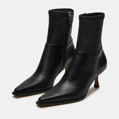 Elegant Black Pointed Toe Spool Heel Ankle Boots with Side Zipper
