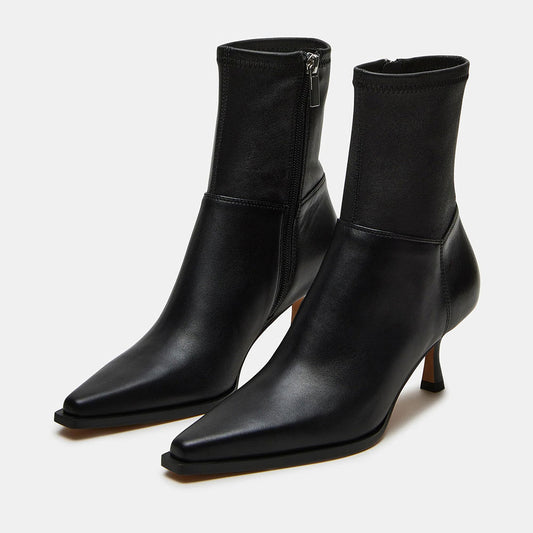 Elegant Black Pointed Toe Spool Heel Ankle Boots with Side Zipper