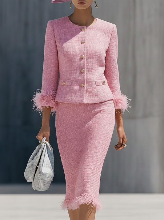 Elegant Round-neck Single-breasted Tweed Jacket And Skirt Set