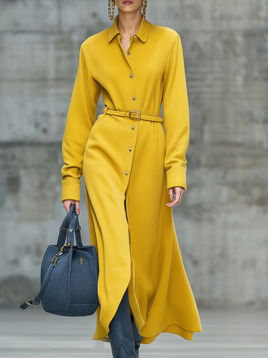 Vintage Yellow Grain Fleece Lace-Up Shirt Maxi Dress