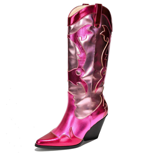 Fuchsia and Pink Metallic Patchwork Cowgirl Boots with Chunky Heel