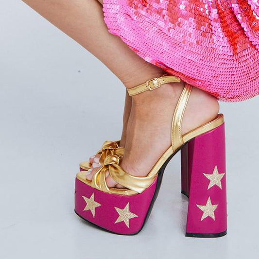 Gold & Pink  Opened Toe Knot Design Ankle Strappy Star Platform Sandals With Chunky Heels