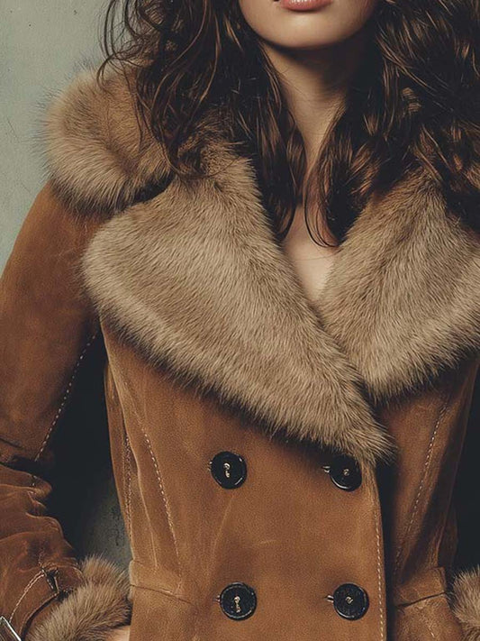 Faux Suede Jacket With Fur Collar & Cuffs