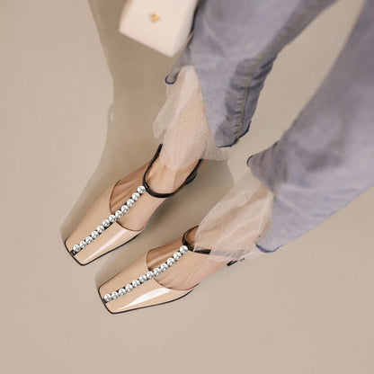 Beige & Black Patent Leather Square Toe Block Heel T-Strap Pumps