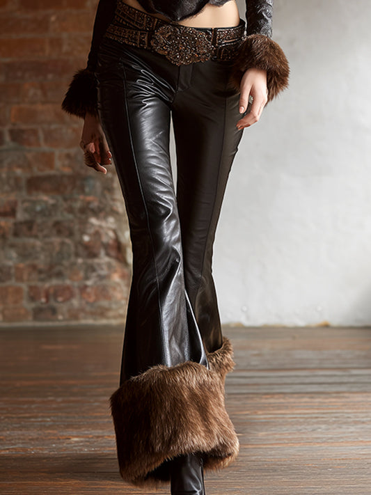 Fashionable And Personalized Black PU Fur Hem Flared Pants