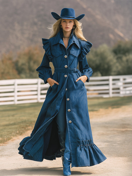 Elegant Western-style Ruffled Denim Long Trench Coat