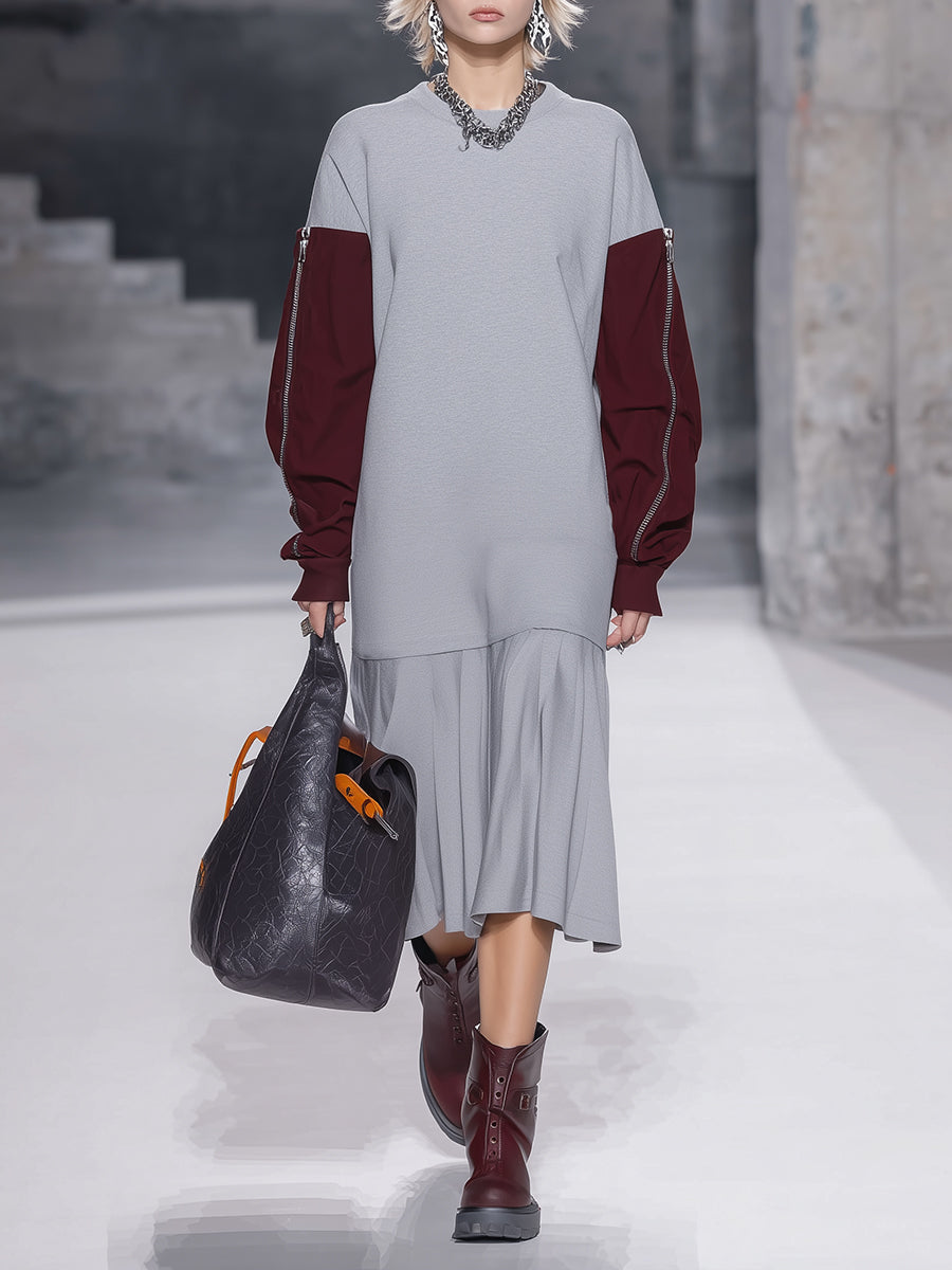 Fashionable Sporty Pleated Hem And Contrasting Colors Midi Dress