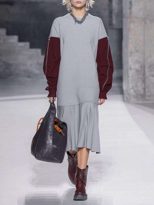 Fashionable Sporty Pleated Hem And Contrasting Colors Midi Dress