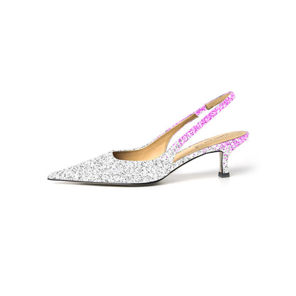 Glitter Pointed Toe Sparkling Silver And Pink Slingback Kitten Heel Pump For Women