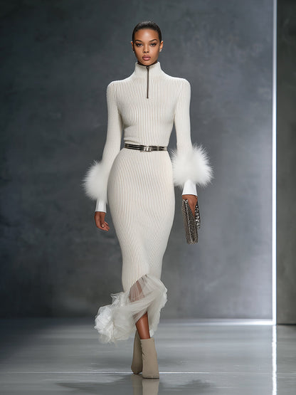 White High Elastic Knitted Zipper Spliced fur Yarn Maxi Dress