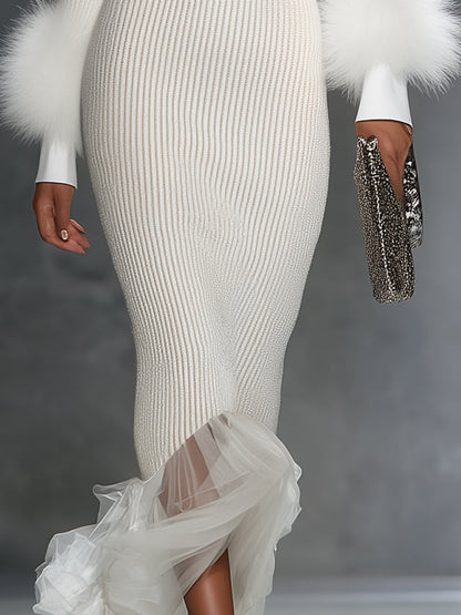 White High Elastic Knitted Zipper Spliced fur Yarn Maxi Dress