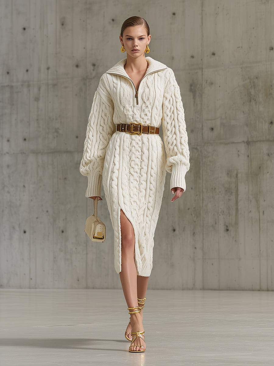 White Cable Zipper Sweater Slit Midi Dress