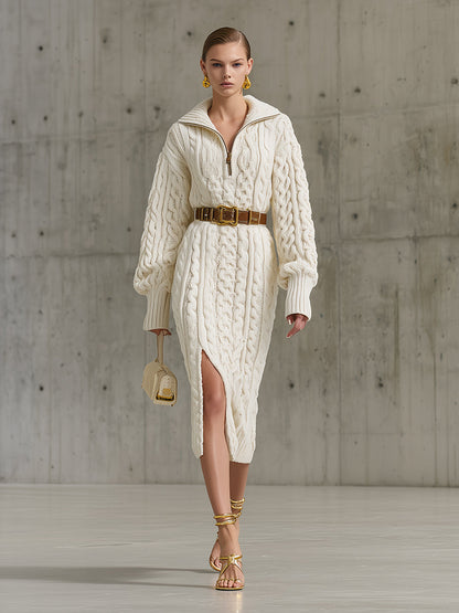 White Cable Zipper Sweater Slit Midi Dress