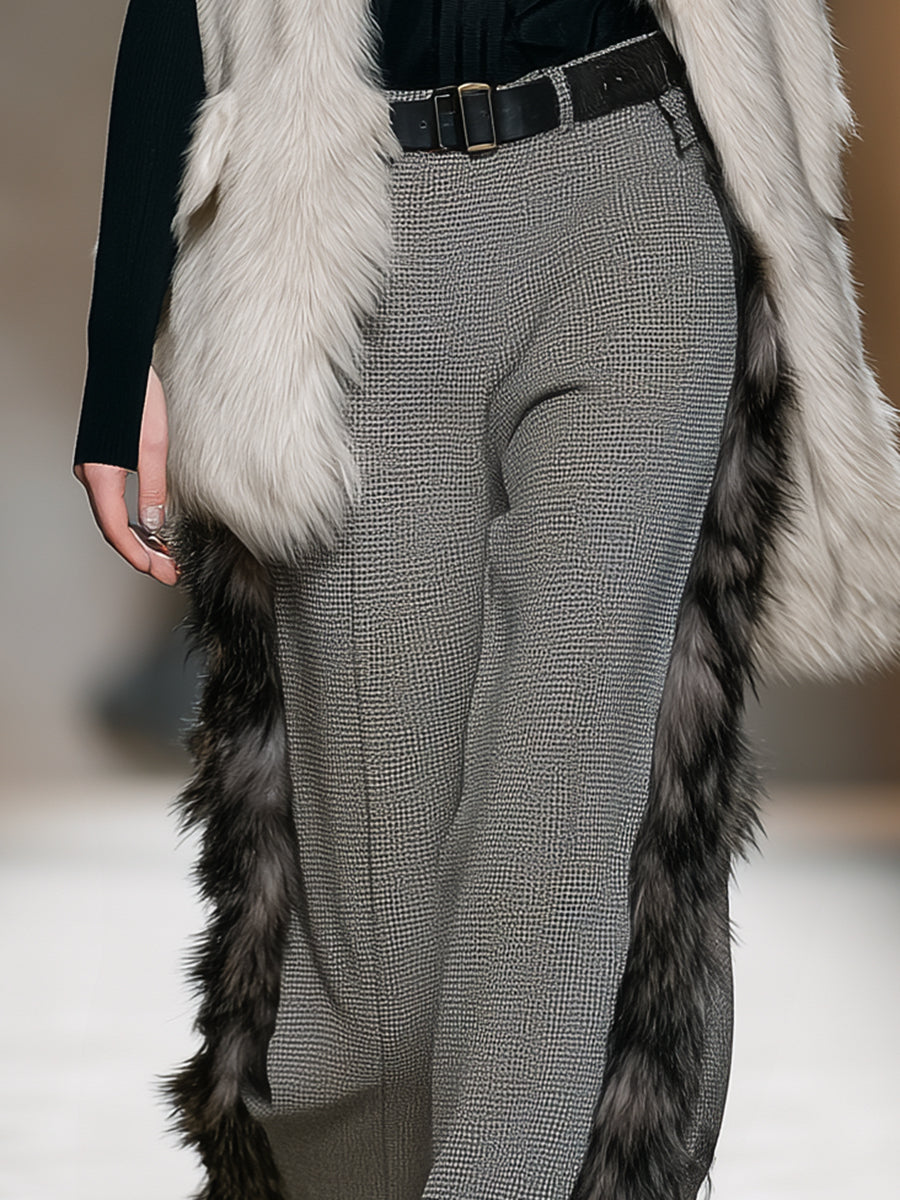 Fashionable Luxe Faux Fur Trim Gray Plaid Pants