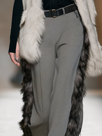 Fashionable Luxe Faux Fur Trim Gray Plaid Pants