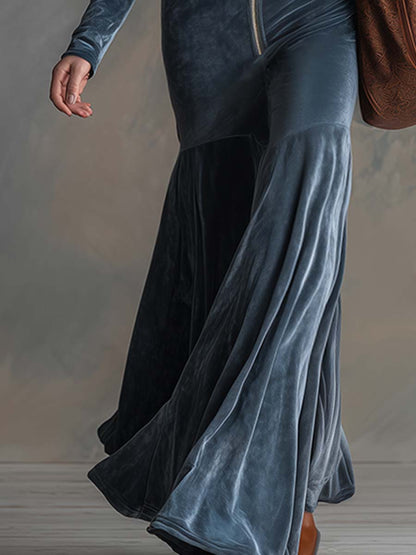 Elegant Haze Blue Hooded Front Zipper Waistband Long Sleeve Wide Leg Jumpsuit