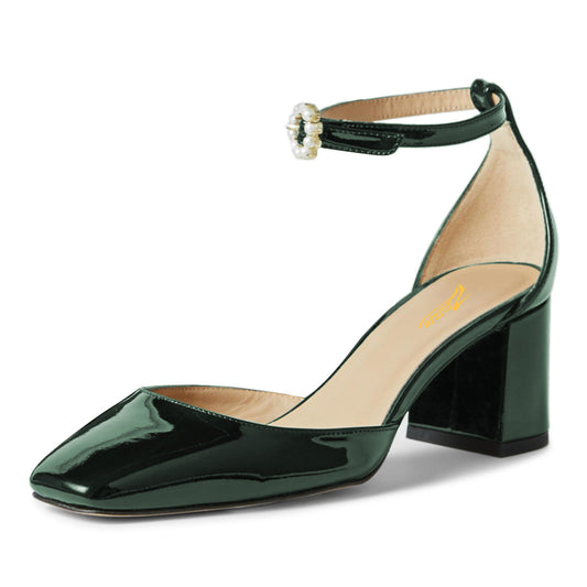 Dark Green Pearl Buckle Strap Square Toe Block Heel Pumps for Women