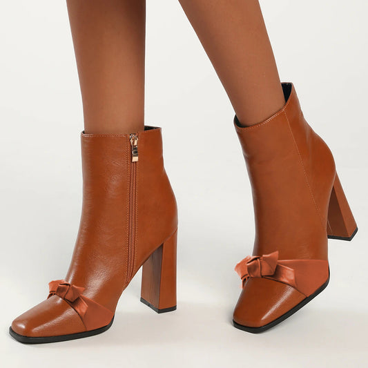 Elegant Brown Square Toe Knotted Chunky Heel Ankle Boots with Zip