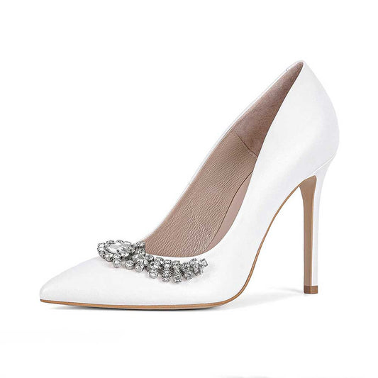 Elegant White Pointed Toe Rhinestone Stiletto Heel Wedding Pumps Shoes