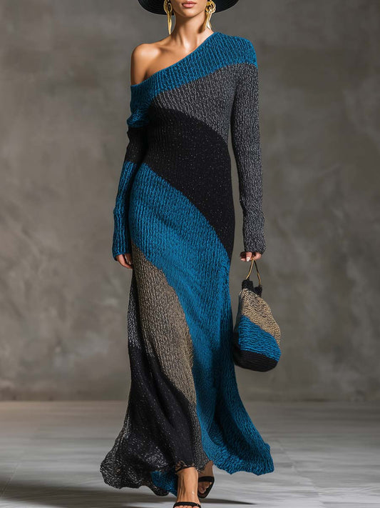 Elegant Retro One-shoulder Long-sleeved Blue Gray And Black Contrast Knitted Maxi Dress
