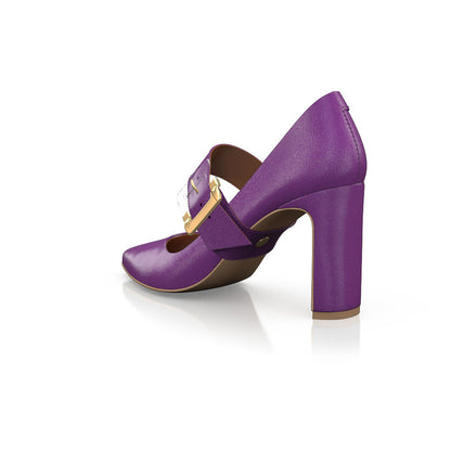 FSJ Purple Pointy Toe 3'' Block Heel Mary Jane Pumps with Buckle