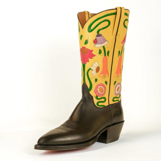 Embroidered Pointed Toe Black & Yellow Cowgirl Booties for Women