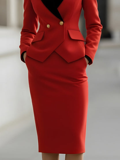 Elegant Tailored Blazer And Skirt Suit Set With Contrast Lapel