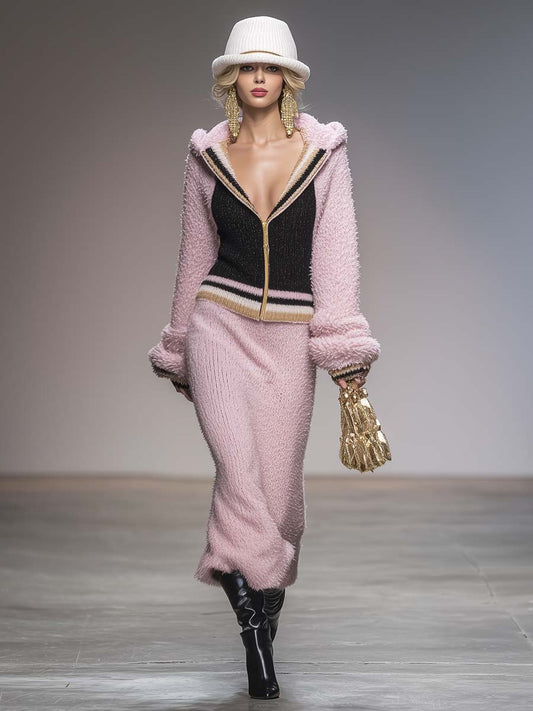 Elegant Retro Sporty Contrast Color Knitted Hooded Front Zip Top And Skirt Set
