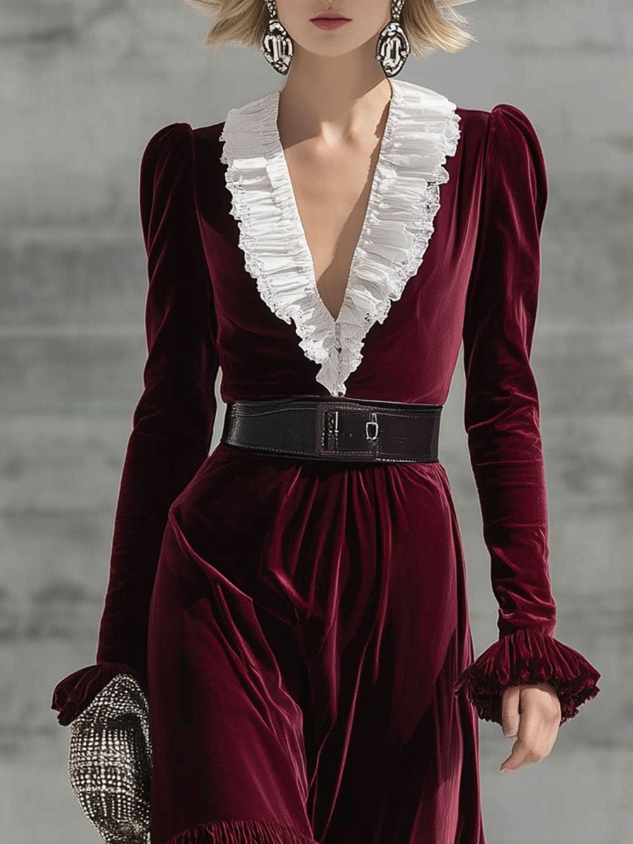 Fashion Retro Burgundy Velvet Midi Dress