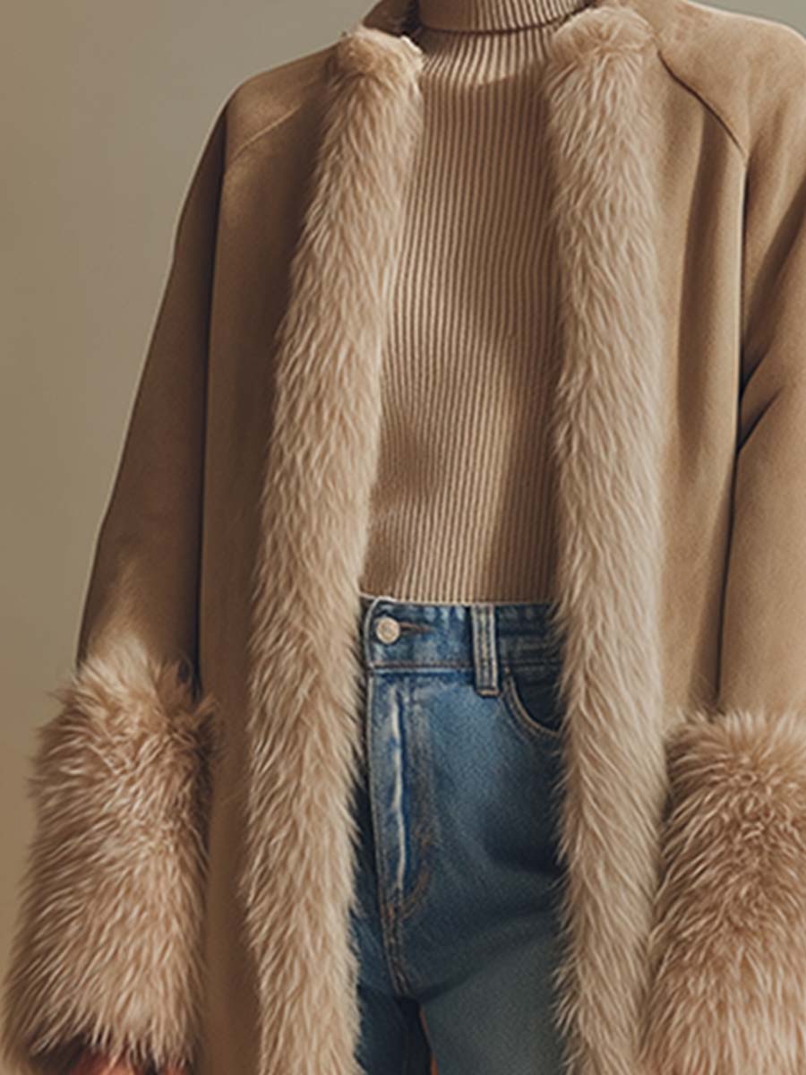Elegant High-end Faux Fur Trim Apricot Fleece-lined Faux Suede Long Coat