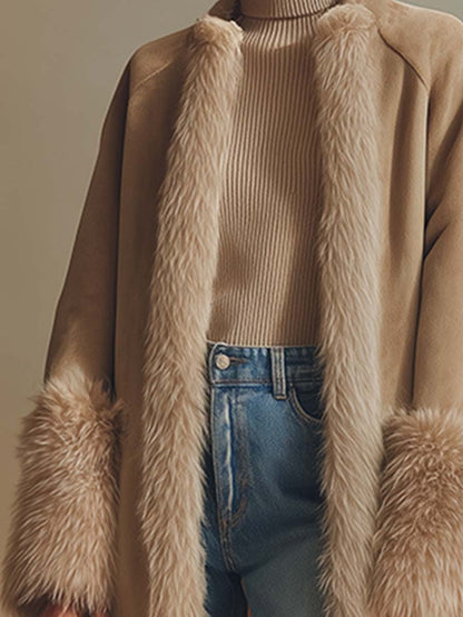 Elegant High-end Faux Fur Trim Apricot Fleece-lined Faux Suede Long Coat