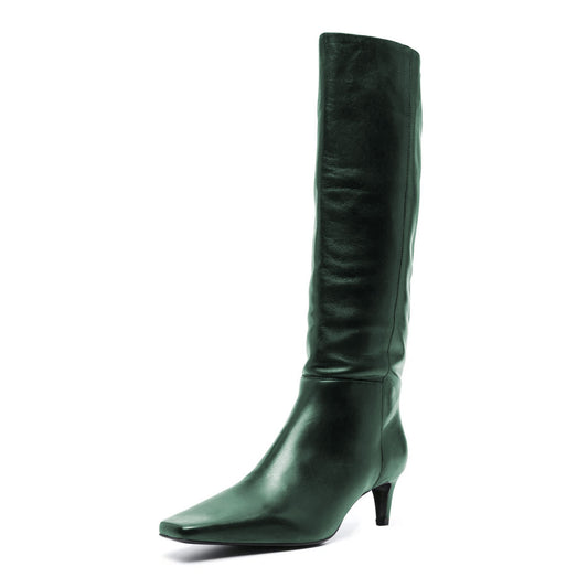 Dark Green Square Toe Kitten Heel Knee-High Tall Boots for Women