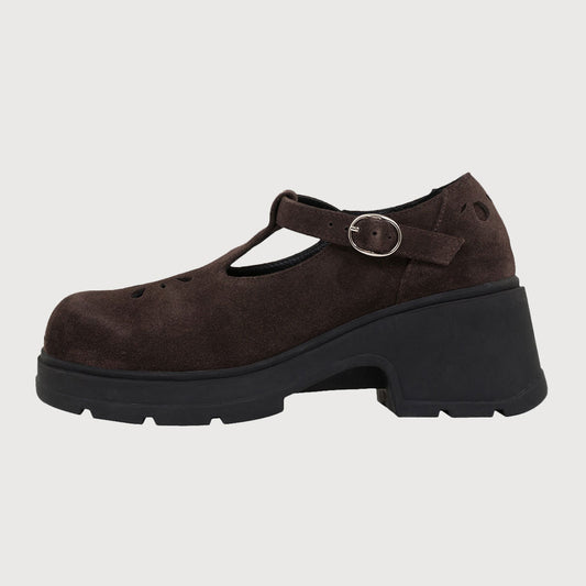 Dark Brown Vegan Suede Cut-Out Platform Chunky Heeled Mary Janes