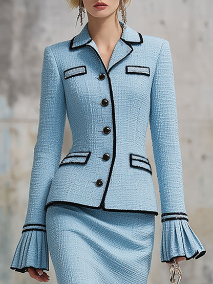 Elegant Blue Tweed Ruffle Cuff Top And Skirt Set