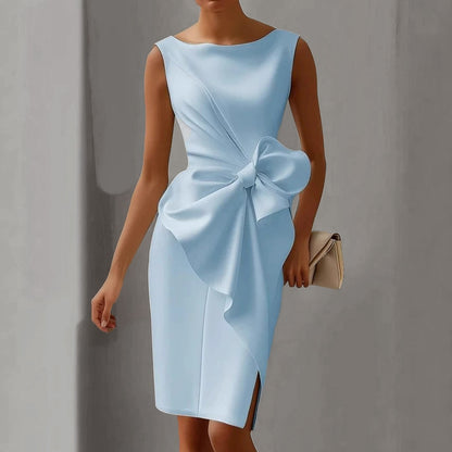 Formal Round Neck Sleeveless Bow Decor Slit Midi Dress