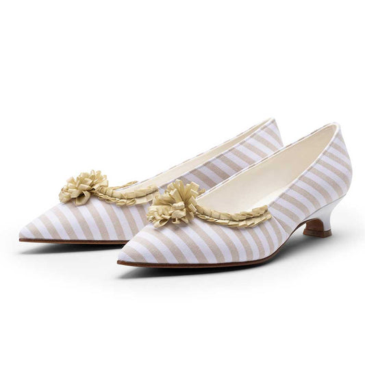 Beige & White Floral Pleated Trim Pumps for Women with Pointed Toe