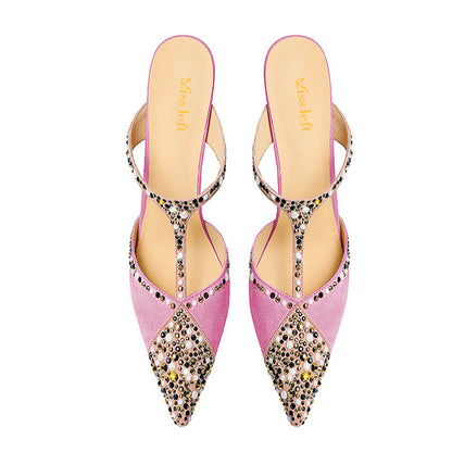 Fuchsia Studded Rhinestone Stiletto High Heel Slip-On Mules Shoes