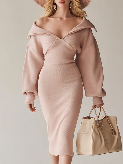 Elegant And Sexy Large Lapel Pink Hip-wrapped Knitted Midi Dress