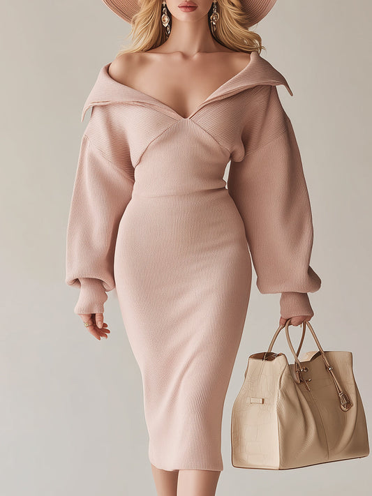 Elegant And Sexy Large Lapel Pink Hip-wrapped Knitted Midi Dress