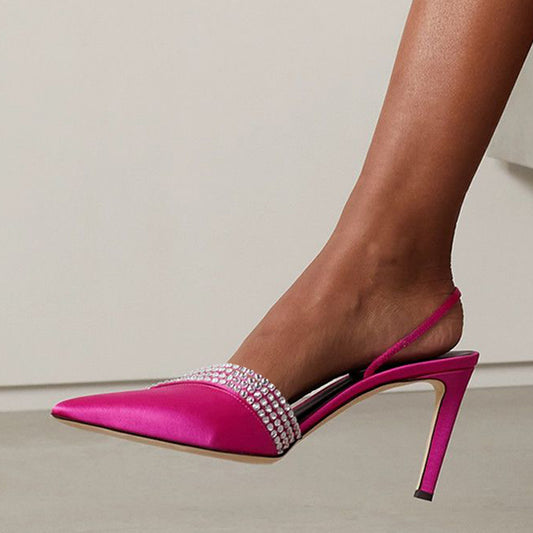 Fuchsia Satin Pointed Toe Stiletto Heel Rhinestone Slingback Pumps