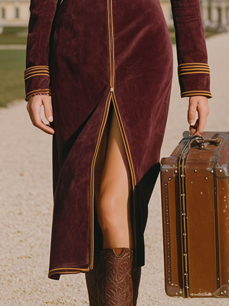 Fashion Retro Gold Trim Burgundy Faux Suede Midi Dress