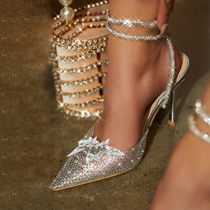 Elegant Silver Pointed Toe PVC Rhinestone Wrap Strap Pumps Heels