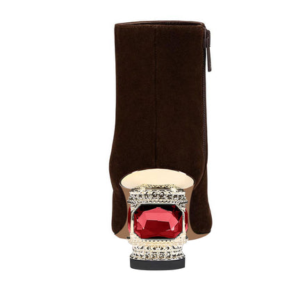 Dark Brown Faux Suede Pointed Toe Decorative Heel Side-Zip Booties