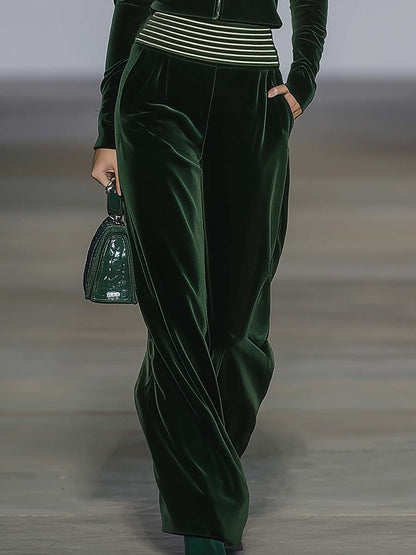 Elegant Retro Sporty Dark Green Velvet Hooded Front Zip Top And Pants Set