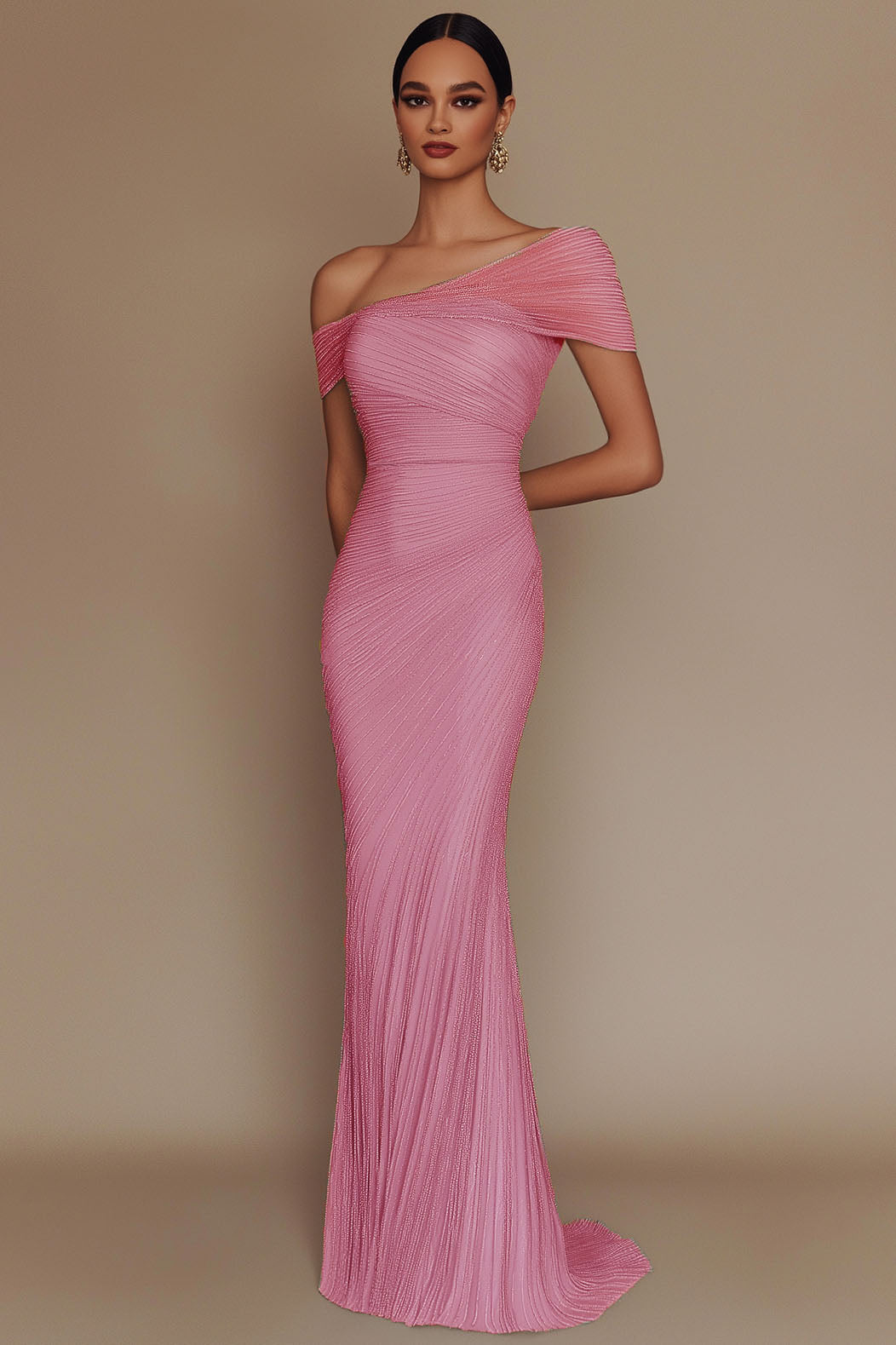 Evening Prom Light Blue Gown One Shoulder Glitter Pleated Maxi Dress